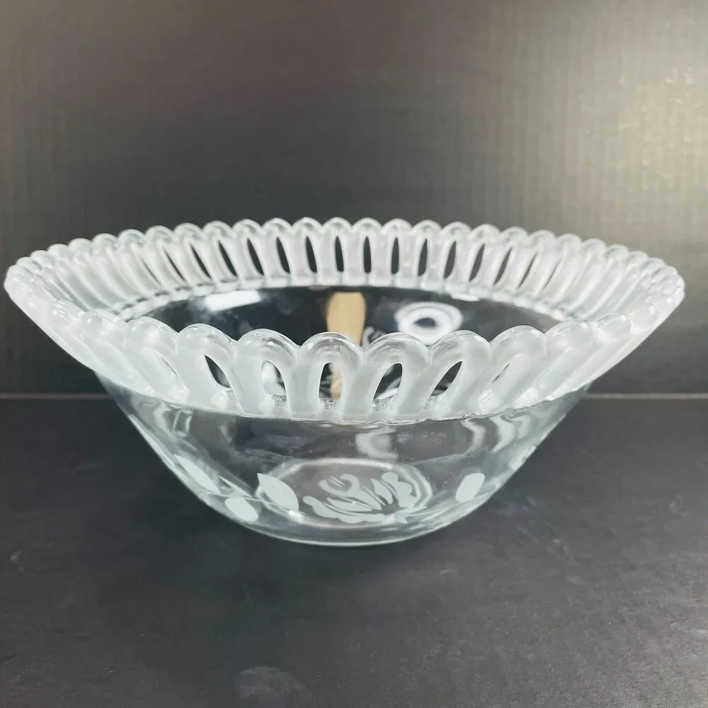 Vintage Clear Glass Frosted Laced Edge Fruit Bowl 10
